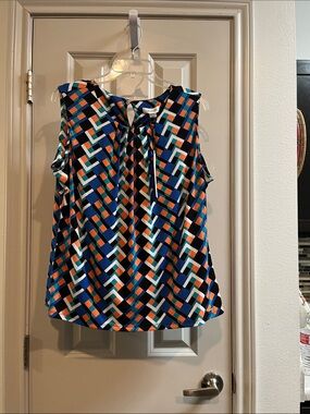 Calvin Klein Navy, Orange & White Geometric Tie-Neck Sleeveless Camisole
